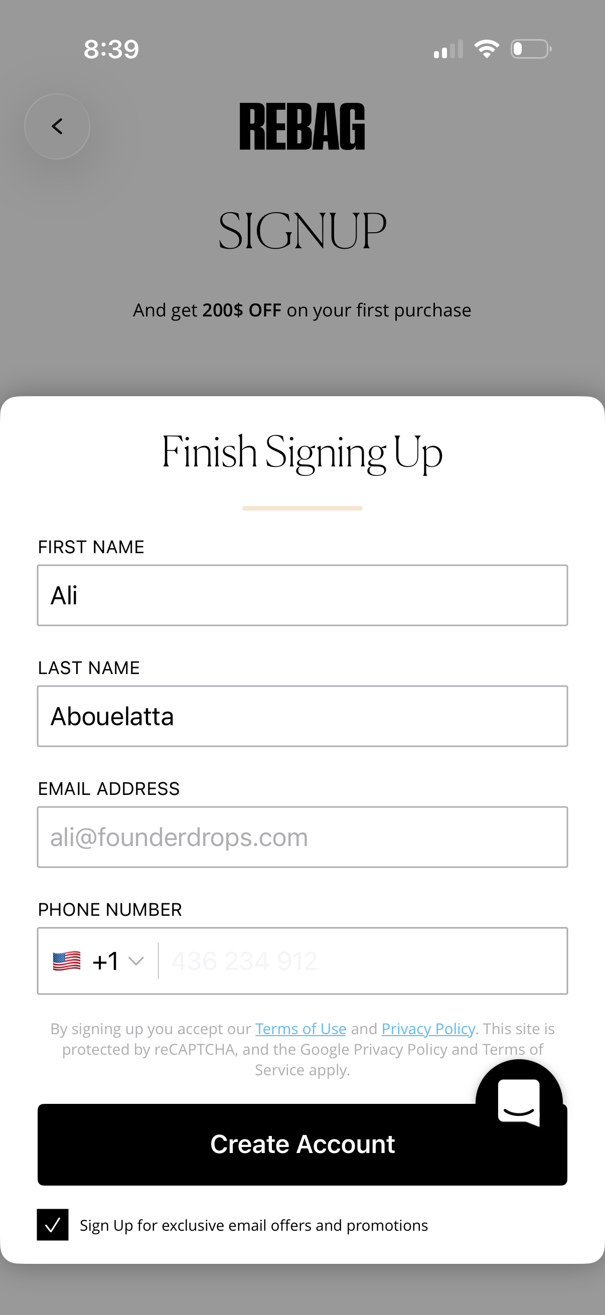 rebag signup screenshot